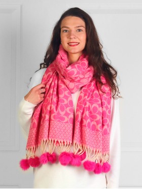 Cashmere Feeling Double C Scarf with Pom-Poms